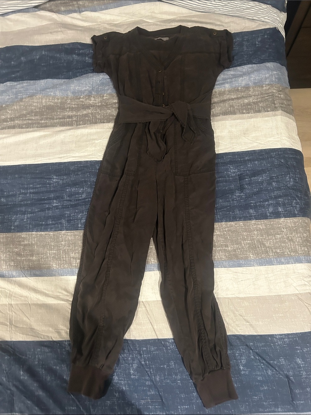 Anthropologie black Button-Front Tie-Waist Utility Jumpsuit